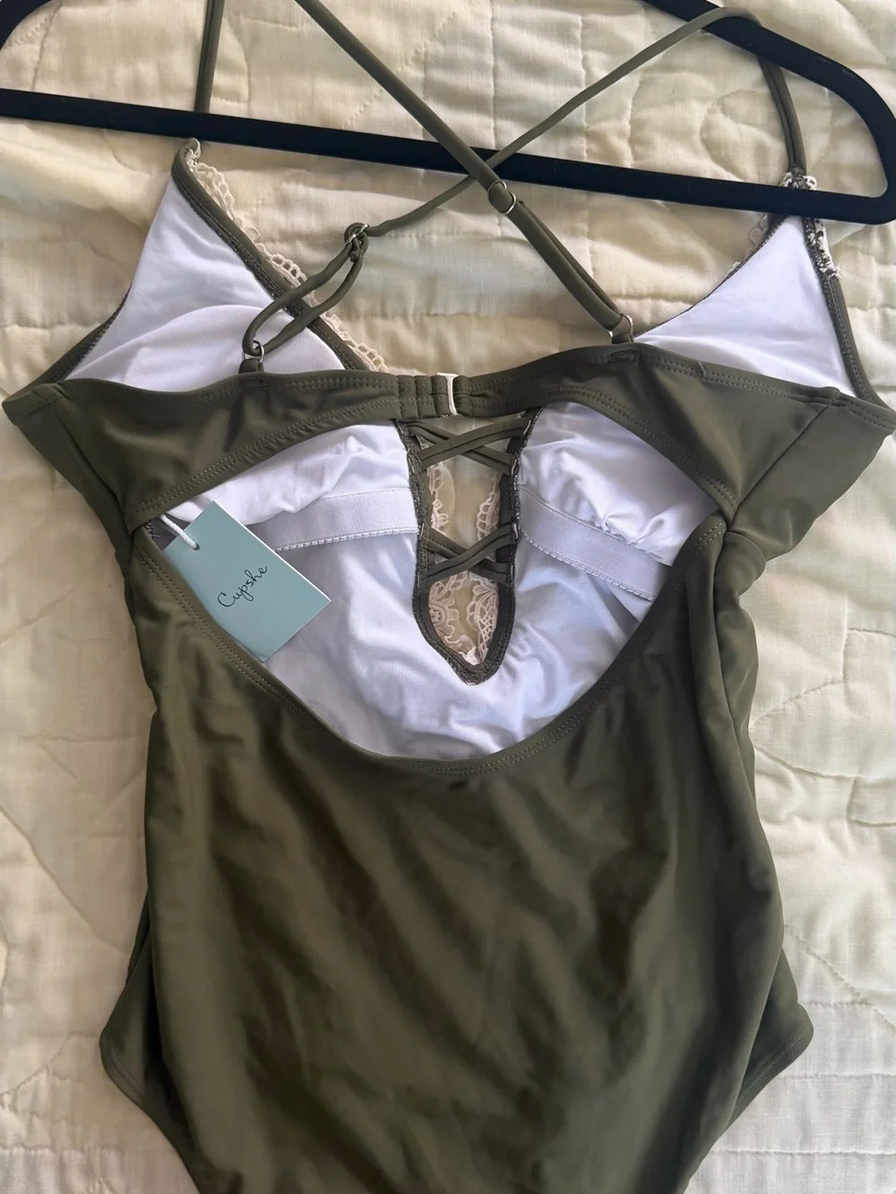 NWT Cupshe Olive Green V-Neck Vintage Lace-Trim One Piece Swimsuit, M